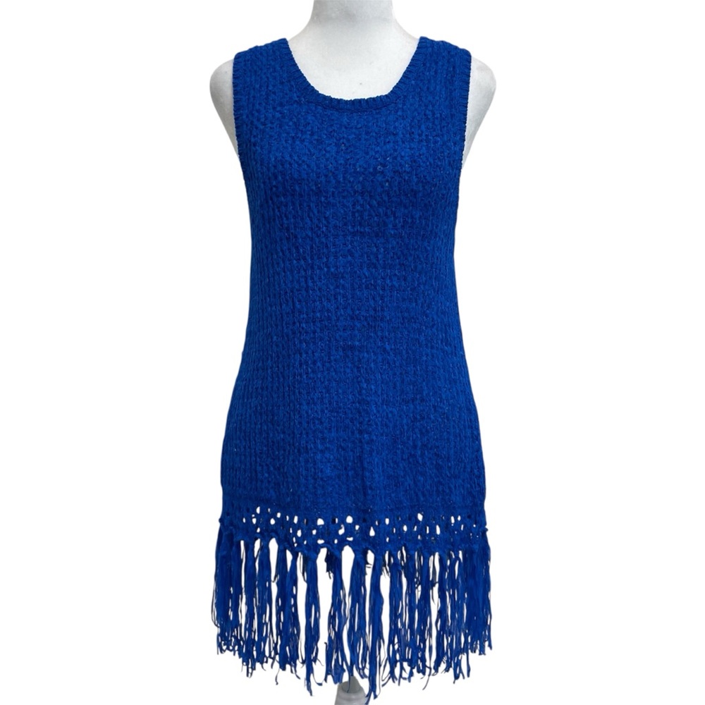 August Silk Vintage 90s Cobalt Blue Boho Knit Fringe Tunic Tank Top